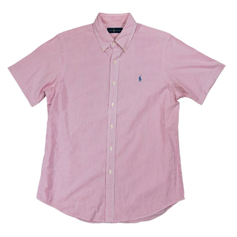 Ralph Lauren Shirt Mens L Pink White Beach Stripe Button Up Size LG